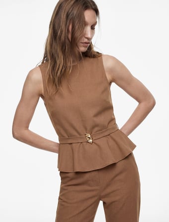 Cupro Viskon Kumaş Aksesuarlı Bisiklet Yaka Kolsuz Peplum Bluz