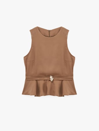 Cupro Viskon Kumaş Aksesuarlı Bisiklet Yaka Kolsuz Peplum Bluz
