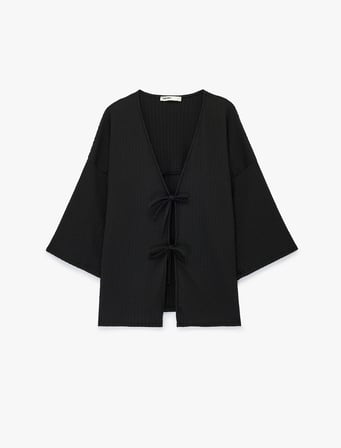 Bürümcük Kumaş Geniş Uzun Kollu Bağlama Detaylı Dokulu Kimono