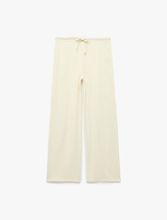 Bürümcük Kumaş Dokulu Beli Bağcıklı Düz Bol Paça Pantolon