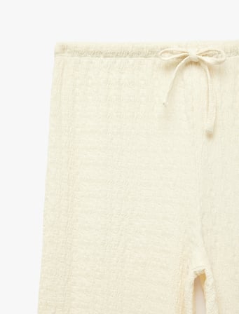 Bürümcük Kumaş Dokulu Beli Bağcıklı Düz Bol Paça Pantolon
