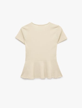 Bürümcük Kumaş Slim Fit Kısa Kollu Bisiklet Yaka Volanlı Peplum Kesim Tişört