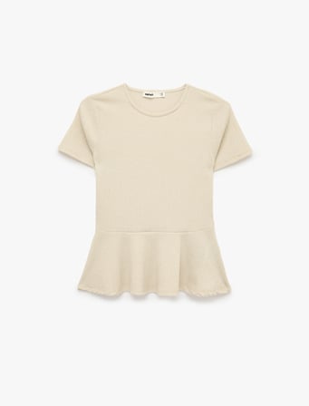 Bürümcük Kumaş Slim Fit Kısa Kollu Bisiklet Yaka Volanlı Peplum Kesim Tişört