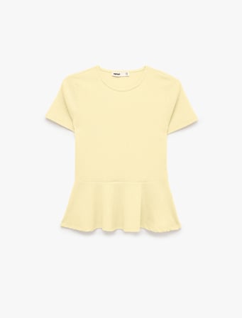 Bürümcük Kumaş Slim Fit Kısa Kollu Bisiklet Yaka Volanlı Peplum Kesim Tişört