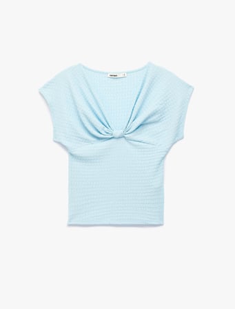 Bürümcük Kumaş Dokulu Slim Fit Kolsuz Düğüm Detaylı V Yaka Tişört