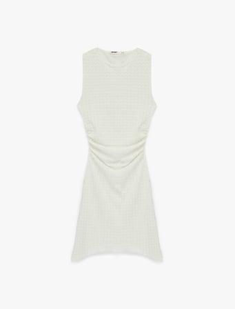 Bürümcük Kumaş Slim Fit Drapeli Asimetrik Kesim Bisiklet Yaka Kolsuz Mini Elbise