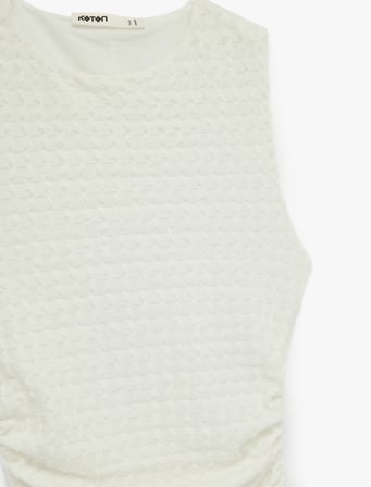 Bürümcük Kumaş Slim Fit Drapeli Asimetrik Kesim Bisiklet Yaka Kolsuz Mini Elbise