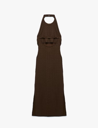 Bürümcük Kumaş Dokulu Slim Fit Sırt Detaylı Halter Yaka Midi Elbise