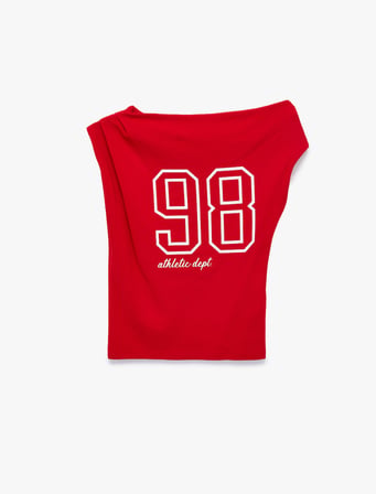 Pamuklu Omzu Açık Asimetrik Kısa Kollu Slim Fit Baskılı Tişört
