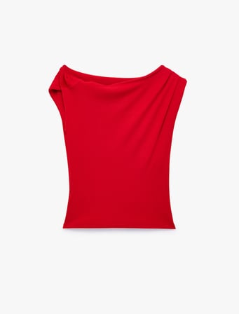 Pamuklu Omzu Açık Asimetrik Kısa Kollu Slim Fit Baskılı Tişört