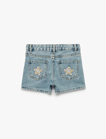Yıldız Detaylı Cepli Pamuklu Denim Şort