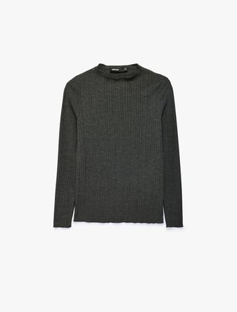 Kaşkorse Viskon Kumaş Slim Fit Uzun Kollu Fırfırlı Bisiklet Yaka Tişört