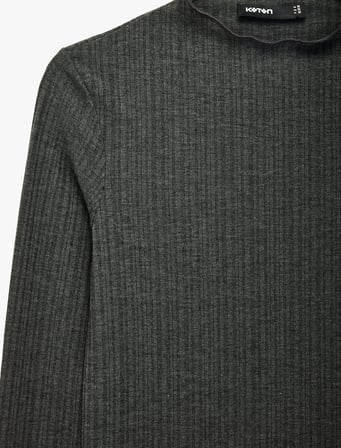 Kaşkorse Viskon Kumaş Slim Fit Uzun Kollu Fırfırlı Bisiklet Yaka Tişört