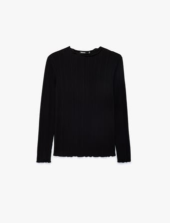 Kaşkorse Viskon Kumaş Slim Fit Uzun Kollu Fırfırlı Bisiklet Yaka Tişört