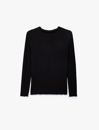 Kaşkorse Viskon Kumaş Slim Fit Uzun Kollu Fırfırlı Bisiklet Yaka Tişört