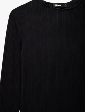 Kaşkorse Viskon Kumaş Slim Fit Uzun Kollu Fırfırlı Bisiklet Yaka Tişört