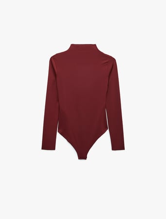 Slim Fit Uzun Kollu Drape Detaylı Hafif Dik Yaka Bodysuit