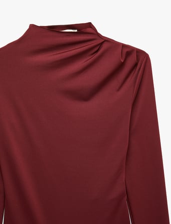 Slim Fit Uzun Kollu Drape Detaylı Hafif Dik Yaka Bodysuit