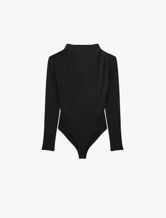 Slim Fit Uzun Kollu Drape Detaylı Hafif Dik Yaka Bodysuit
