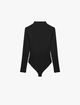 Slim Fit Uzun Kollu Drape Detaylı Hafif Dik Yaka Bodysuit