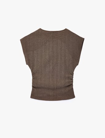 Bürümcük Kumaş Dokulu Slim Fit Drapeli Kap Kol Bisiklet Yaka Tişört