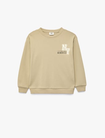 Pamuklu Uzun Kollu Bisiklet Yaka Baskılı Sweatshirt