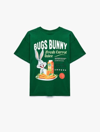 Bugs Bunny Lisanslı Rahat Kalıp Bisiklet Yaka Kısa Kollu Arkası Baskılı Tişört