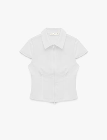 Slim Fit Kısa Kollu Klasik Yaka Fermuarlı Crop Gömlek