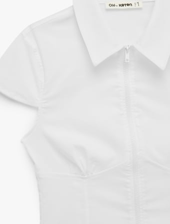 Slim Fit Kısa Kollu Klasik Yaka Fermuarlı Crop Gömlek