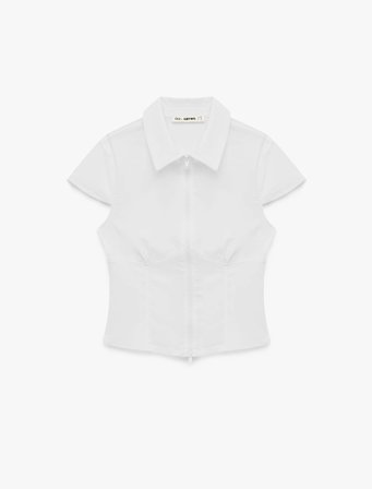 Slim Fit Kısa Kollu Klasik Yaka Fermuarlı Crop Gömlek