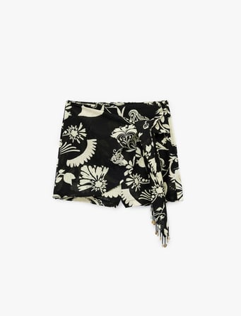 Keten Karışımlı Bağlamalı Boncuklu Floral Desenli Kruvaze Mini Şort Etek