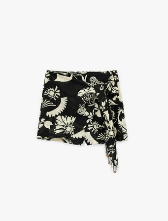 Keten Karışımlı Bağlamalı Boncuklu Floral Desenli Kruvaze Mini Şort Etek