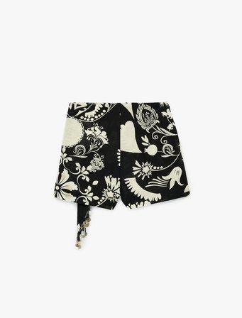 Keten Karışımlı Bağlamalı Boncuklu Floral Desenli Kruvaze Mini Şort Etek