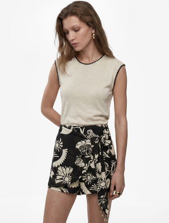 Keten Karışımlı Bağlamalı Boncuklu Floral Desenli Kruvaze Mini Şort Etek
