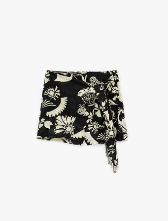 Keten Karışımlı Bağlamalı Boncuklu Floral Desenli Kruvaze Mini Şort Etek