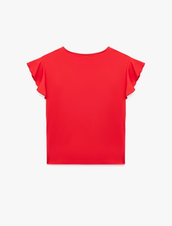 Slim Fit Fırfırlı Kelebek Kollu Kruvaze V Yaka Tişört