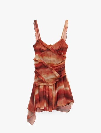Slim Fit Asimetrik Kesim Batik Desenli Fırfırlı Askılı Tül Mini Elbise