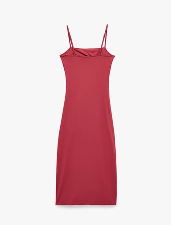 Slim Fit Drapeli Ön Yırtmaç Detaylı İp Askılı Midi Elbise