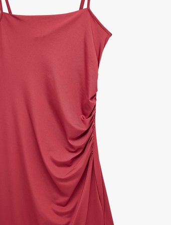 Slim Fit Drapeli Ön Yırtmaç Detaylı İp Askılı Midi Elbise