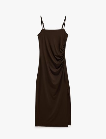 Slim Fit Drapeli Ön Yırtmaç Detaylı İp Askılı Midi Elbise