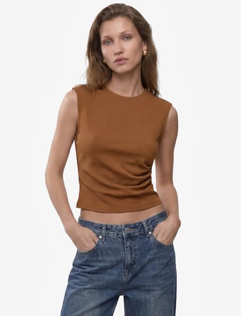 Krep Scuba Slim Fit Drape Detaylı Kolsuz Bisiklet Yaka Bluz