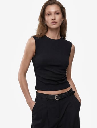 Krep Scuba Slim Fit Drape Detaylı Kolsuz Bisiklet Yaka Bluz
