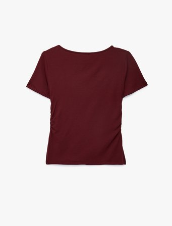Viskon Slim Fit Büzgülü Bisiklet Yaka Kısa Kollu Tişört