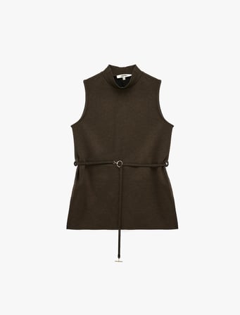 Slim Fit Kemerli Dik Yaka Kolsuz Bluz
