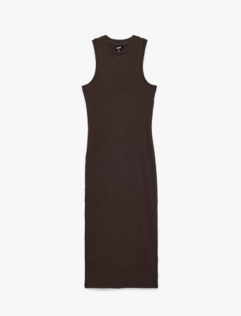 Kaşkorse Pamuklu Slim Fit Bisiklet Yaka Kolsuz Fitilli Bodycon Midi Elbise
