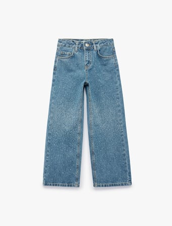 Parıltılı Taş Detaylı Pamuklu Geniş Paça Denim Pantolon
