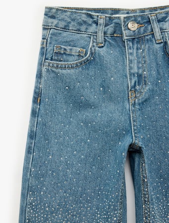 Parıltılı Taş Detaylı Pamuklu Geniş Paça Denim Pantolon