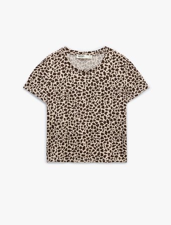 Leopar Desenli Rahat Kesim Bisiklet Yaka Kısa Kollu Pijama Üstü