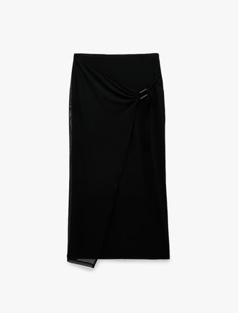 Slim Fit Bağlamalı Toka Detaylı Tül Midi Etek