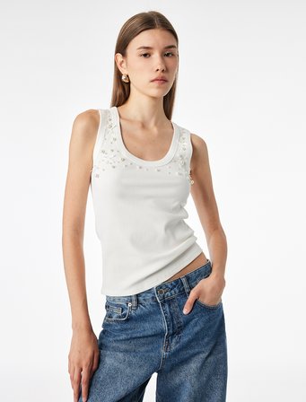 Pamuklu Slim Fit U Yaka İnci ve Fiyonk İşlemeli Atlet Tişört